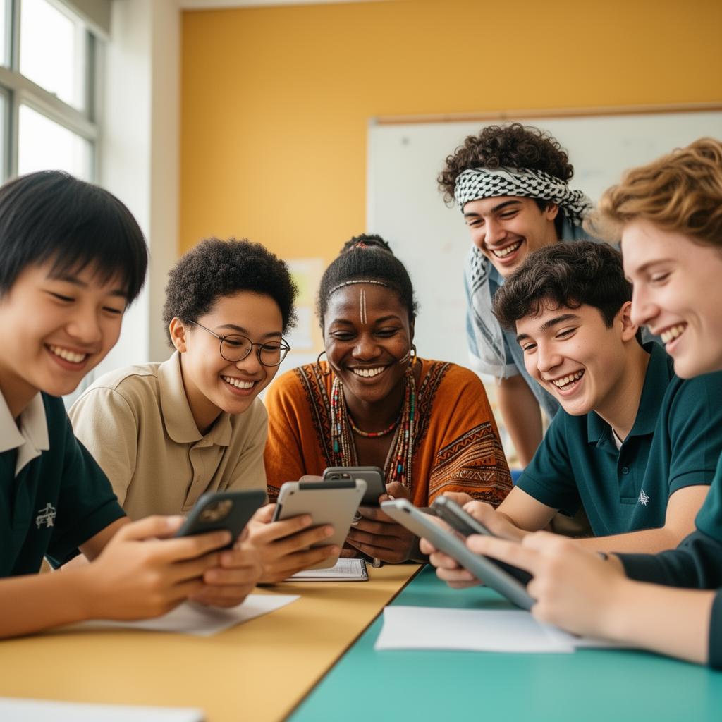 Diverse Australian students of different nationalities smiling and learning together on mobile phones and tablets with the Education Buddy assistant