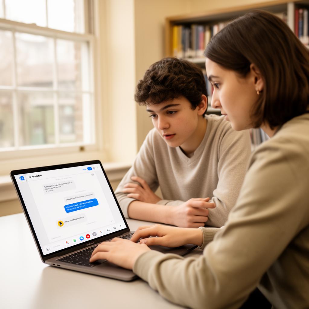Teacher using an AI assistant on a laptop with a student