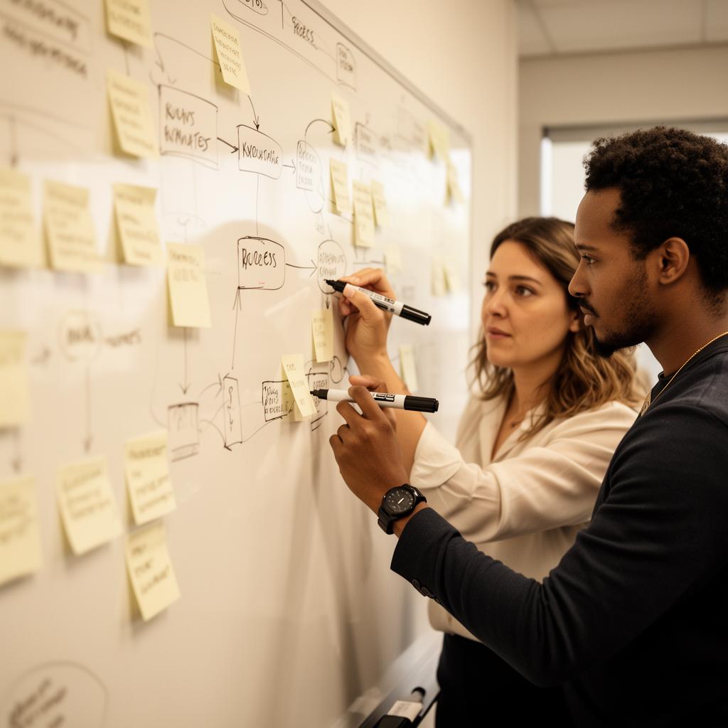 Two professionals sketching a process flow on a whiteboard