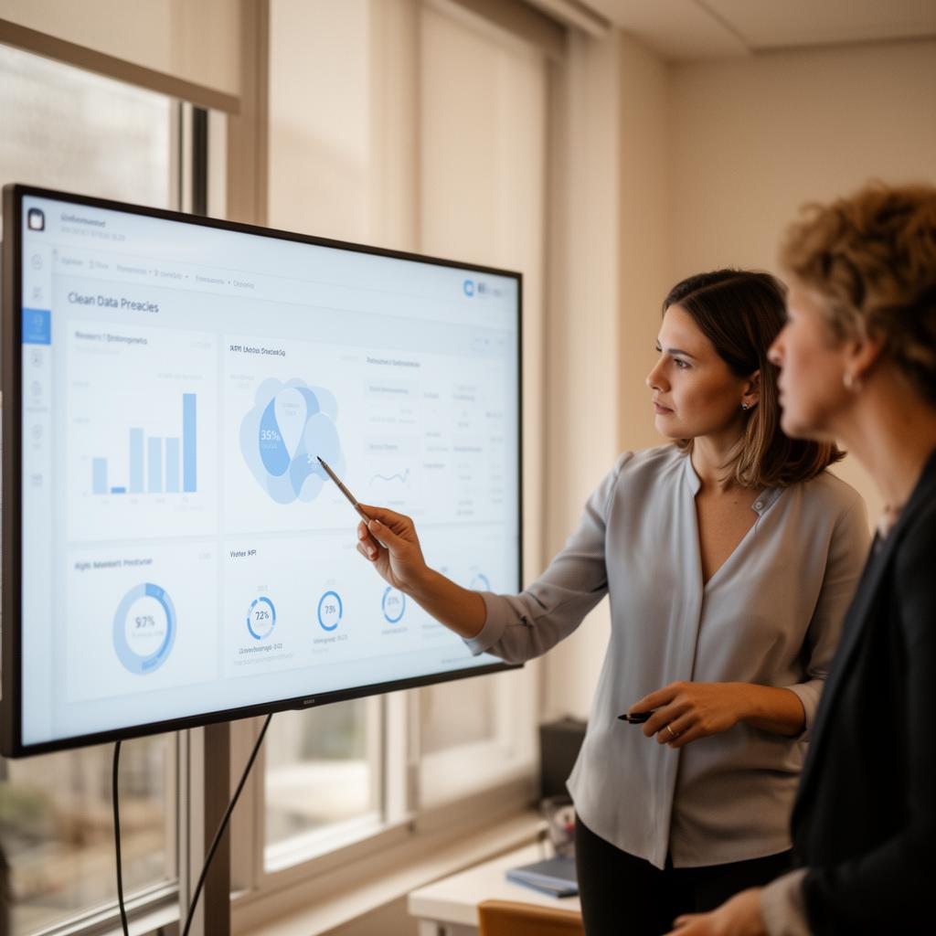 Education leader reviewing a data dashboard with a colleague