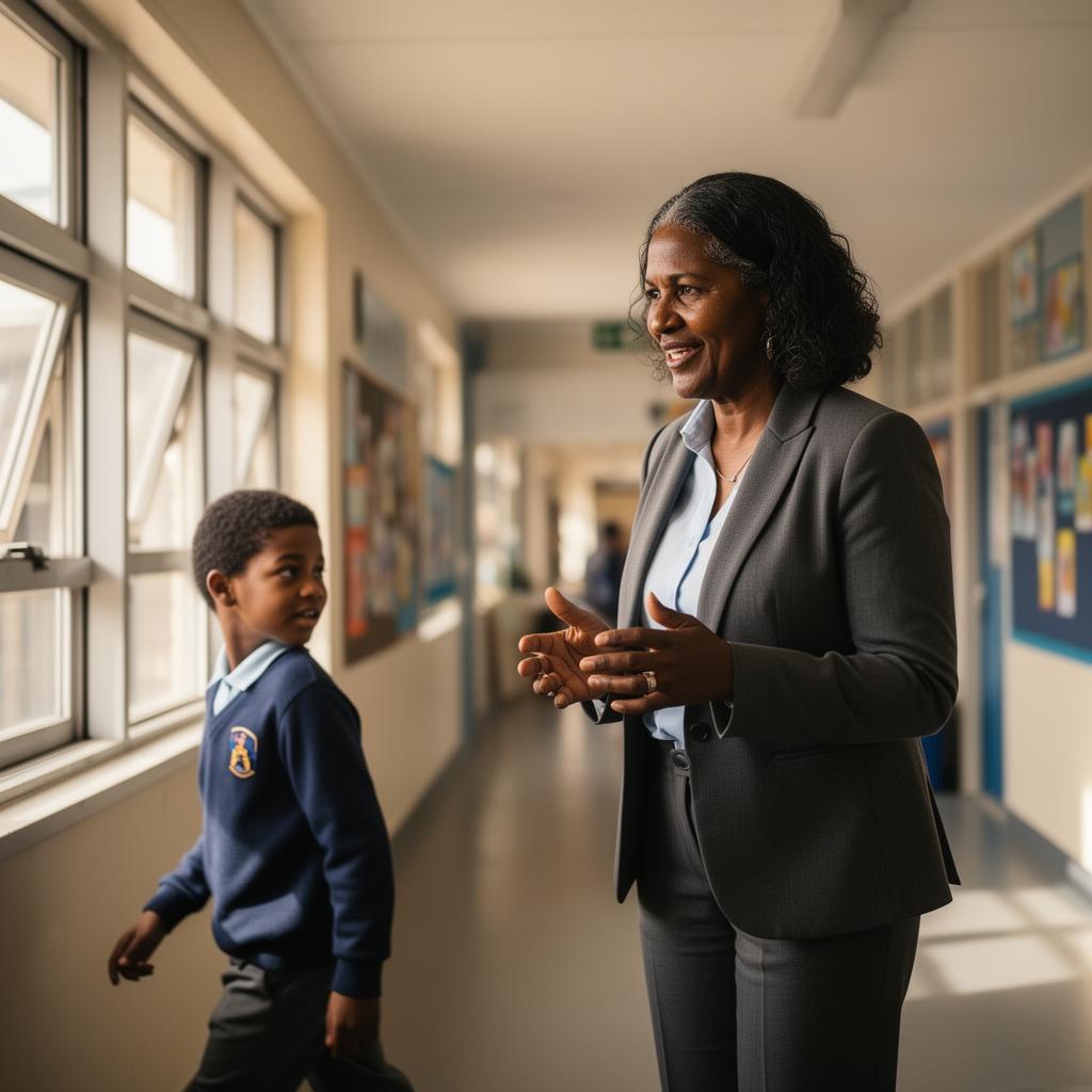 School principal speaking with a student