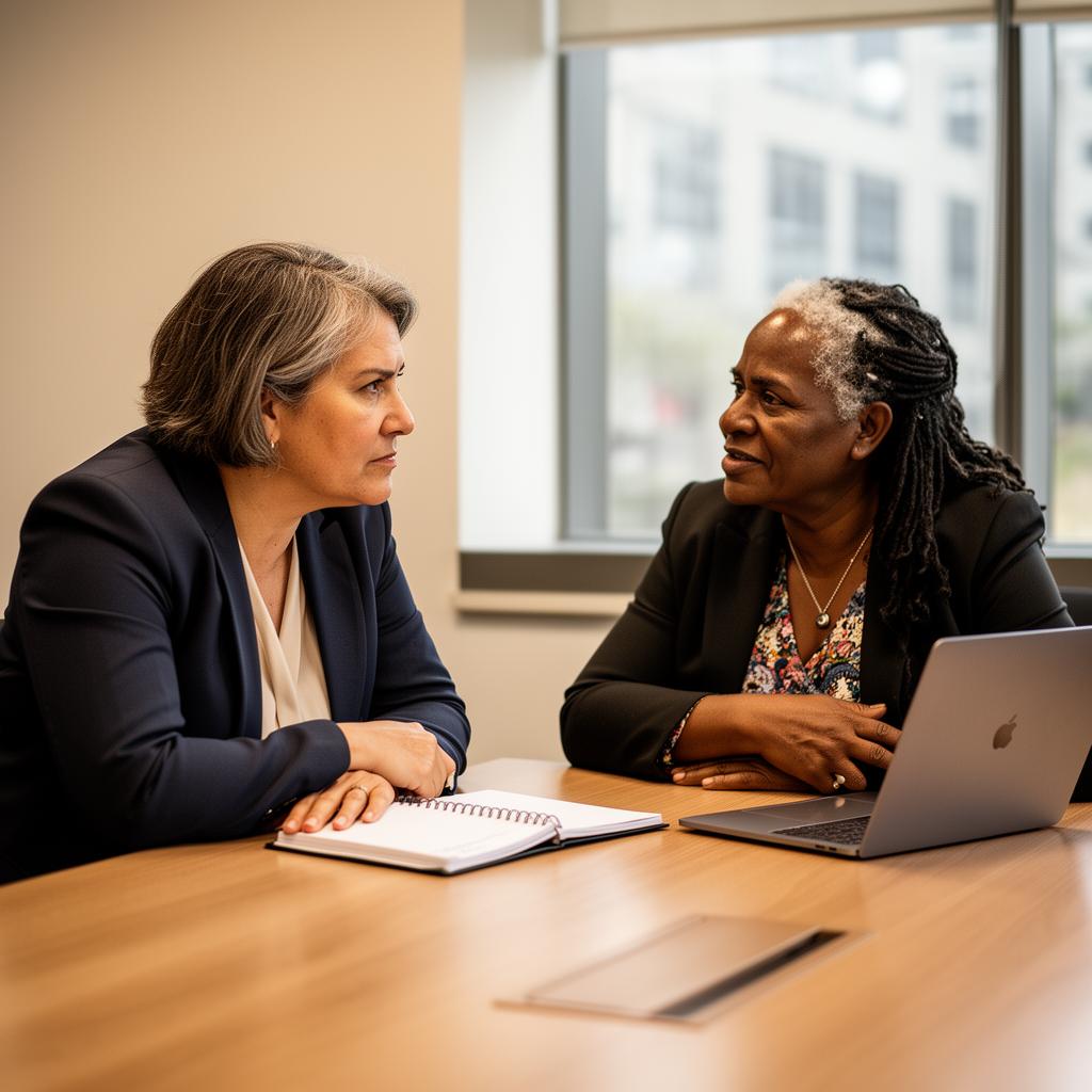 Two education leaders in a focused discovery conversation